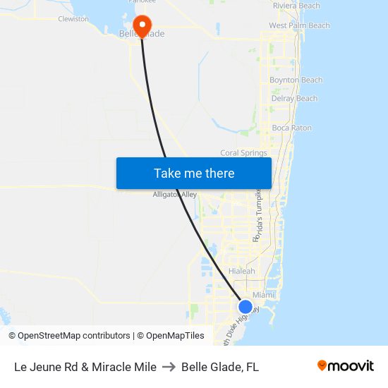 Le Jeune Rd & Miracle Mile to Belle Glade, FL map