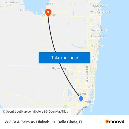 W 3 St & Palm Av Hialeah to Belle Glade, FL map