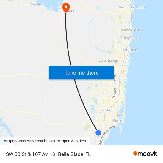 SW 88 St & 107 Av to Belle Glade, FL map