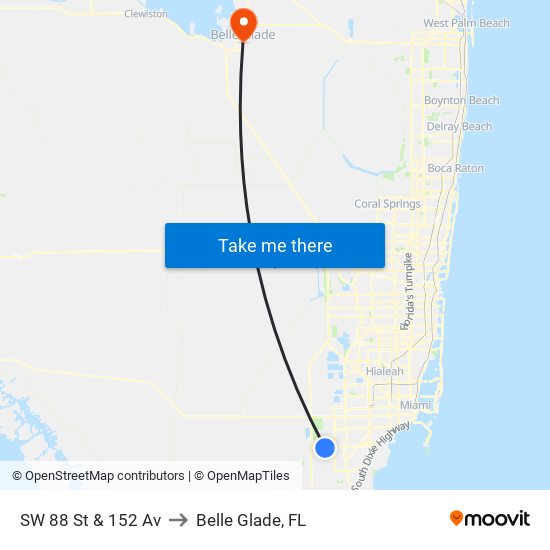 SW 88 St & 152 Av to Belle Glade, FL map