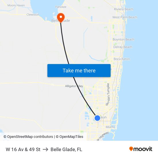 W 16 Av & 49 St to Belle Glade, FL map