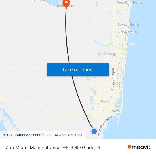 Zoo Miami Main Entrance to Belle Glade, FL map