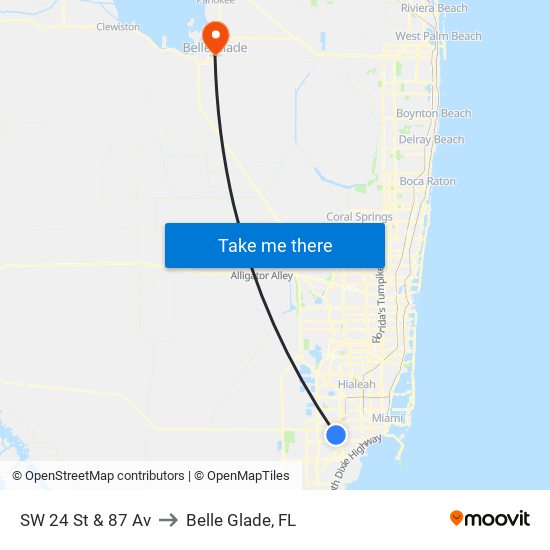 SW 24 St & 87 Av to Belle Glade, FL map