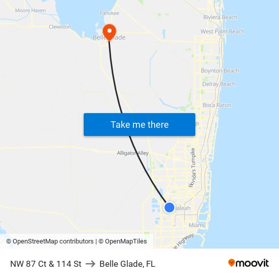 NW 87 Ct & 114 St to Belle Glade, FL map