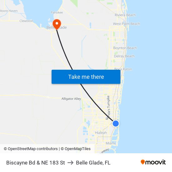 Biscayne Bd & NE 183 St to Belle Glade, FL map