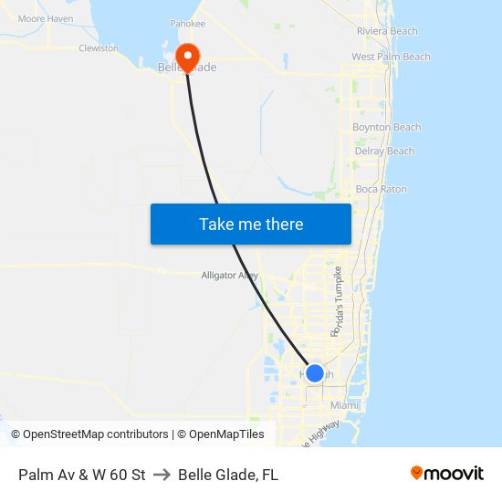 Palm Av & W 60 St to Belle Glade, FL map