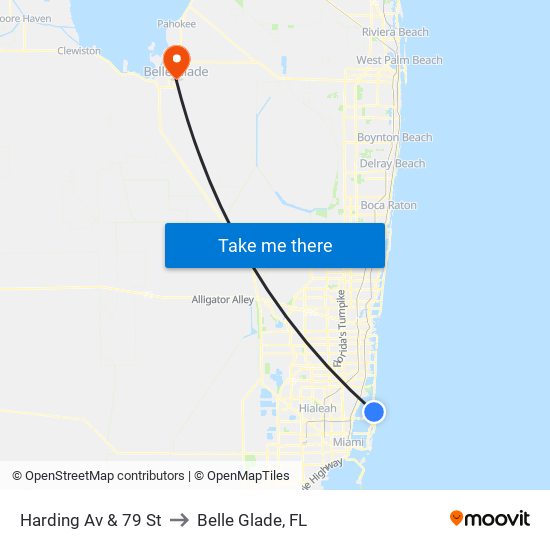 Harding Av & 79 St to Belle Glade, FL map