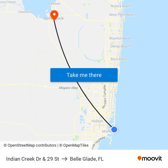 Indian Creek Dr & 29 St to Belle Glade, FL map