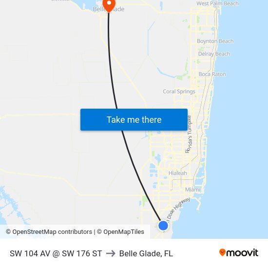 SW 104 Av @ SW 176 St to Belle Glade, FL map