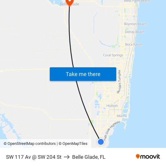 SW 117 Av @ SW 204 St to Belle Glade, FL map