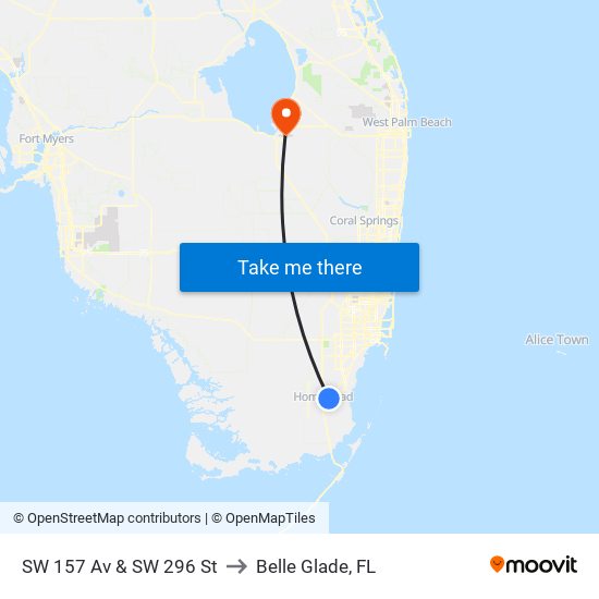 SW 157 Av & SW 296 St to Belle Glade, FL map