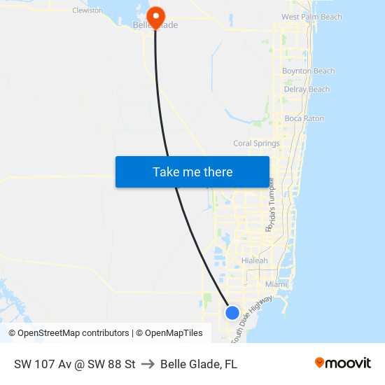 SW 107 Av @ SW 88 St to Belle Glade, FL map