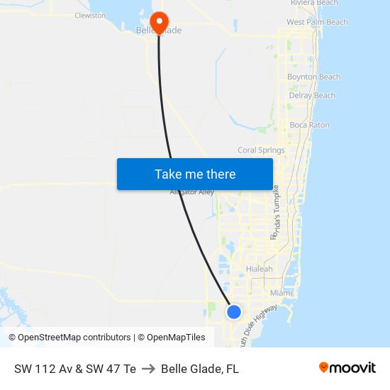 SW 112 Av & SW 47 Te to Belle Glade, FL map