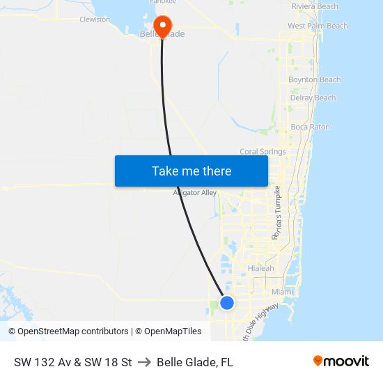 SW 132 Av & SW 18 St to Belle Glade, FL map