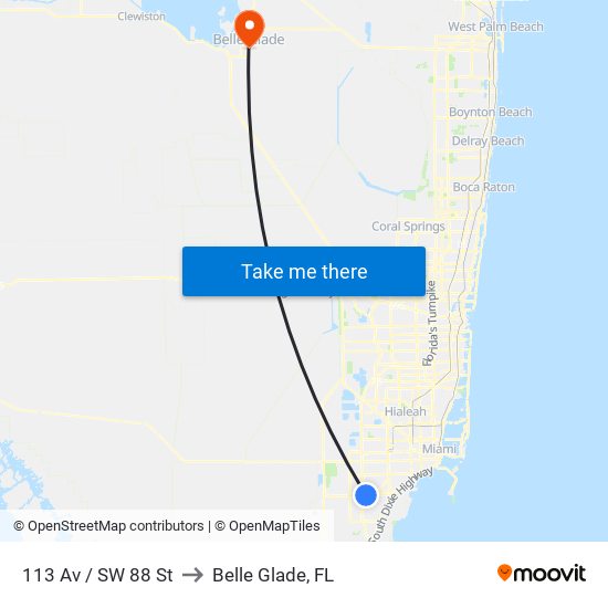 113 Av / SW 88 St to Belle Glade, FL map