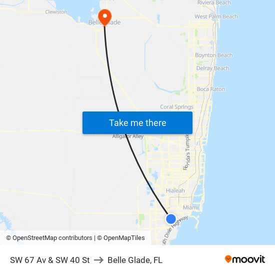 SW 67 Av & SW 40 St to Belle Glade, FL map