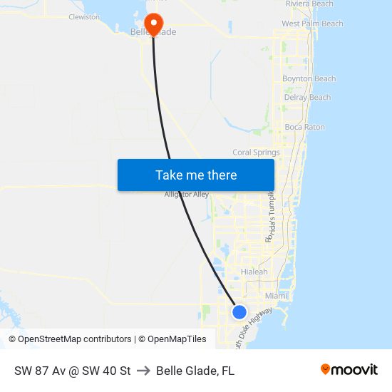 SW 87 Av @ SW 40 St to Belle Glade, FL map