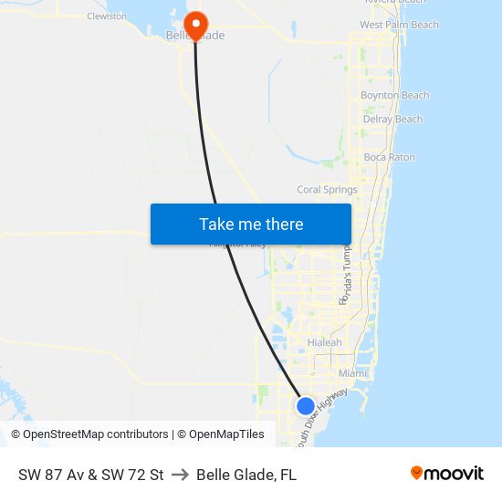 SW 87 Av & SW 72 St to Belle Glade, FL map