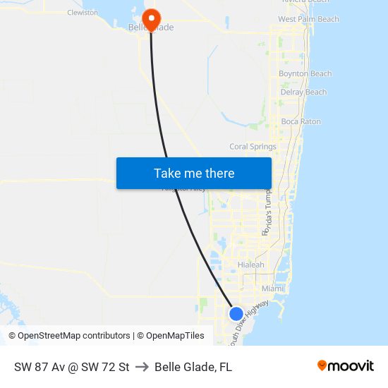 SW 87 Av @ SW 72 St to Belle Glade, FL map