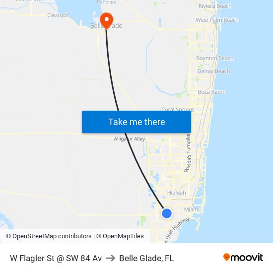 W Flagler St @ SW 84 Av to Belle Glade, FL map