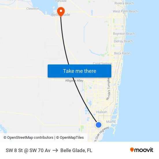 SW 8 St @ SW 70 Av to Belle Glade, FL map