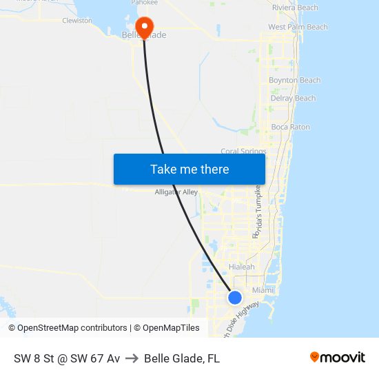 SW 8 St @ SW 67 Av to Belle Glade, FL map