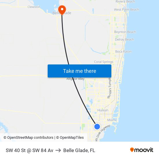 SW 40 St @ SW 84 Av to Belle Glade, FL map