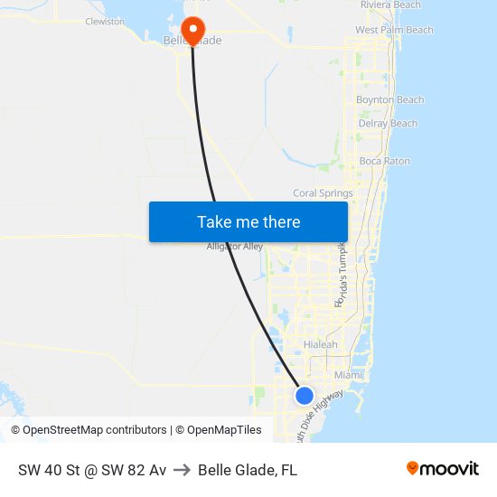 SW 40 St @ SW 82 Av to Belle Glade, FL map