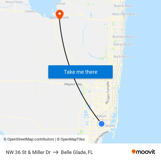 NW 36 St & Miller Dr to Belle Glade, FL map