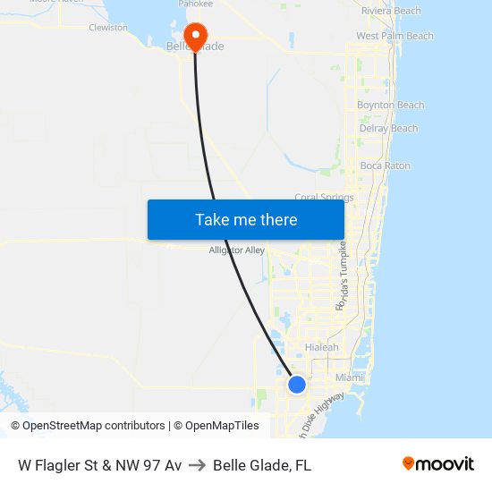 W Flagler St & NW 97 Av to Belle Glade, FL map