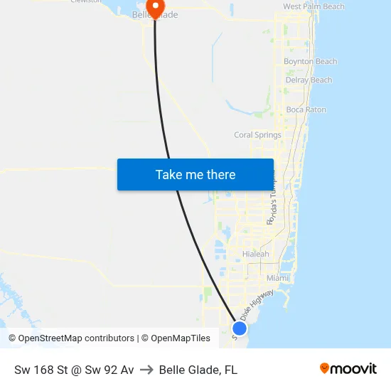 Sw 168 St @ Sw 92 Av to Belle Glade, FL map