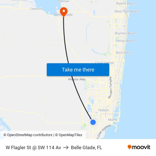 W Flagler St @ SW 114 Av to Belle Glade, FL map