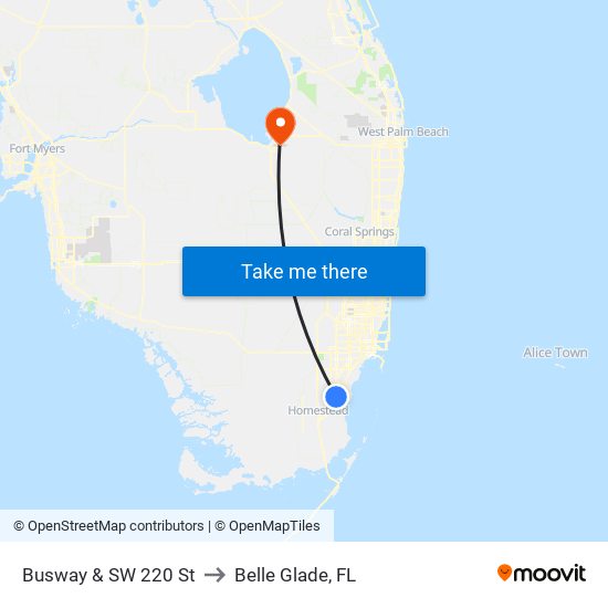 Busway & SW 220 St to Belle Glade, FL map