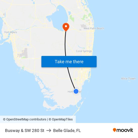 Busway & SW 280 St to Belle Glade, FL map