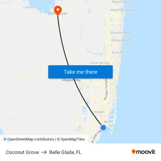 Coconut Grove to Belle Glade, FL map