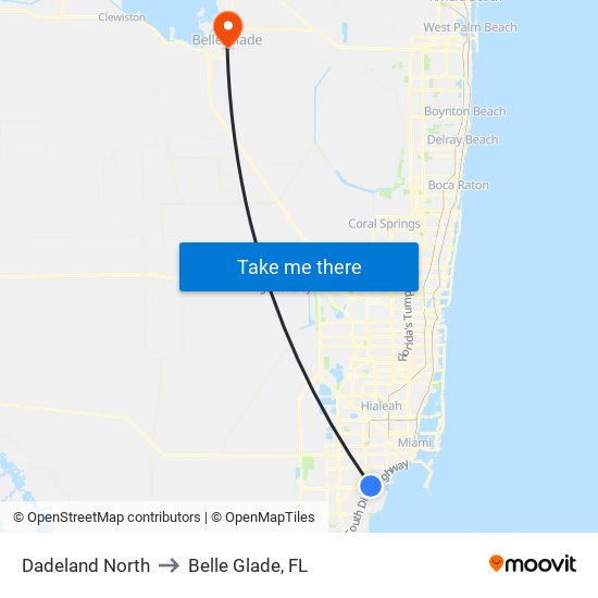 Dadeland North to Belle Glade, FL map