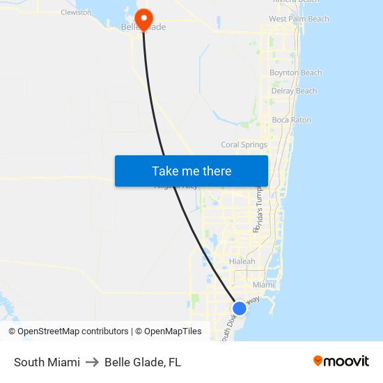 South Miami to Belle Glade, FL map