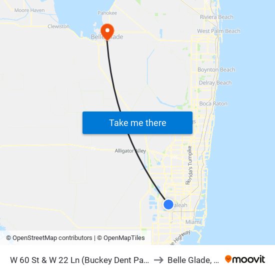 W 60 St & W 22 Ln (Buckey Dent Park) to Belle Glade, FL map