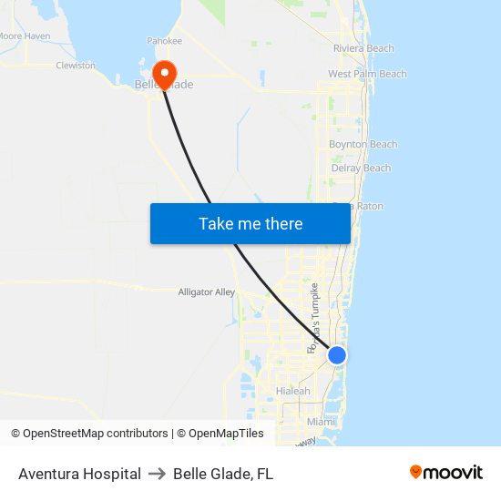 Aventura Hospital to Belle Glade, FL map