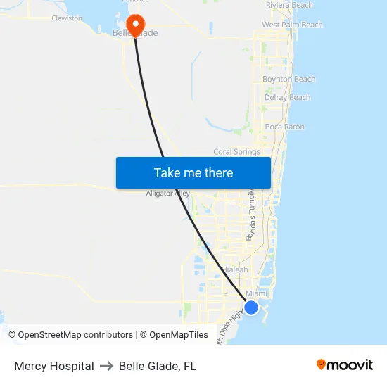 Mercy Hospital to Belle Glade, FL map