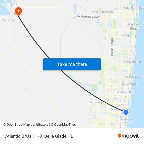 Atlantic B/Us 1 to Belle Glade, FL map