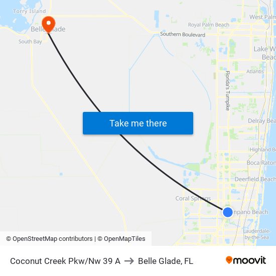 Coconut Creek Pkw/Nw 39 A to Belle Glade, FL map