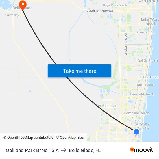 Oakland Park B/Ne 16 A to Belle Glade, FL map