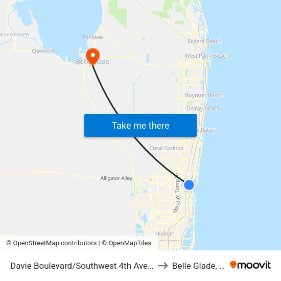 Davie Boulevard/Southwest 4th Avenue to Belle Glade, FL map