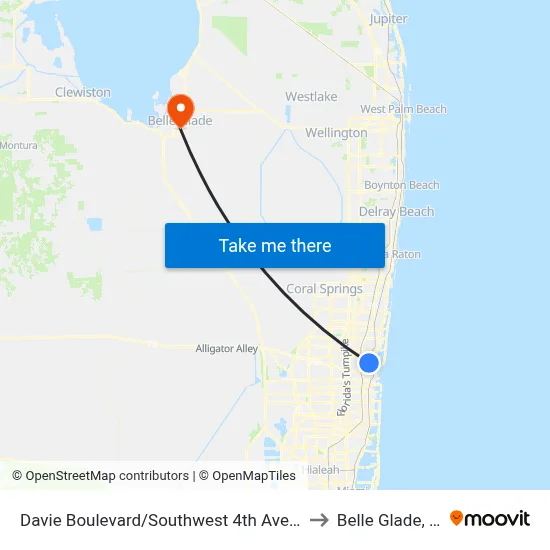 Davie Boulevard/Southwest 4th Avenue to Belle Glade, FL map