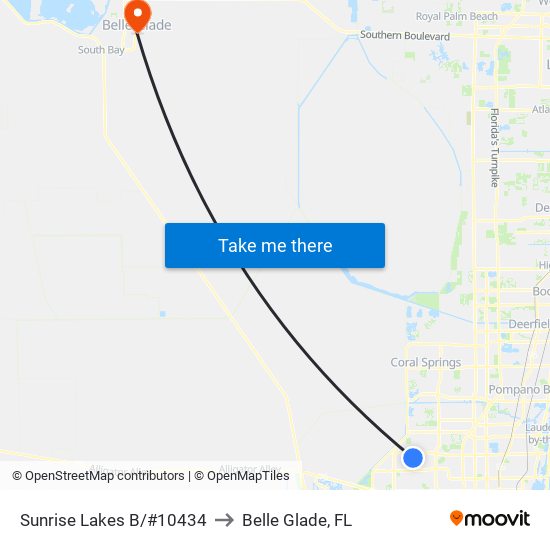 Sunrise Lakes B/#10434 to Belle Glade, FL map