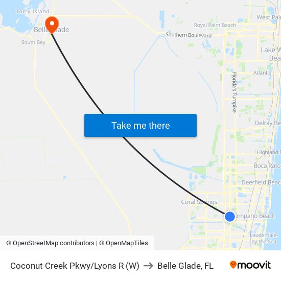 Coconut Creek Pkwy/Lyons R (W) to Belle Glade, FL map