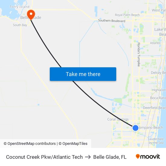 Coconut Creek Pkw/Atlantic Tech to Belle Glade, FL map