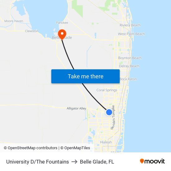 University D/The Fountains to Belle Glade, FL map