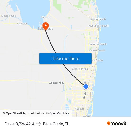 Davie B/Sw 42 A to Belle Glade, FL map